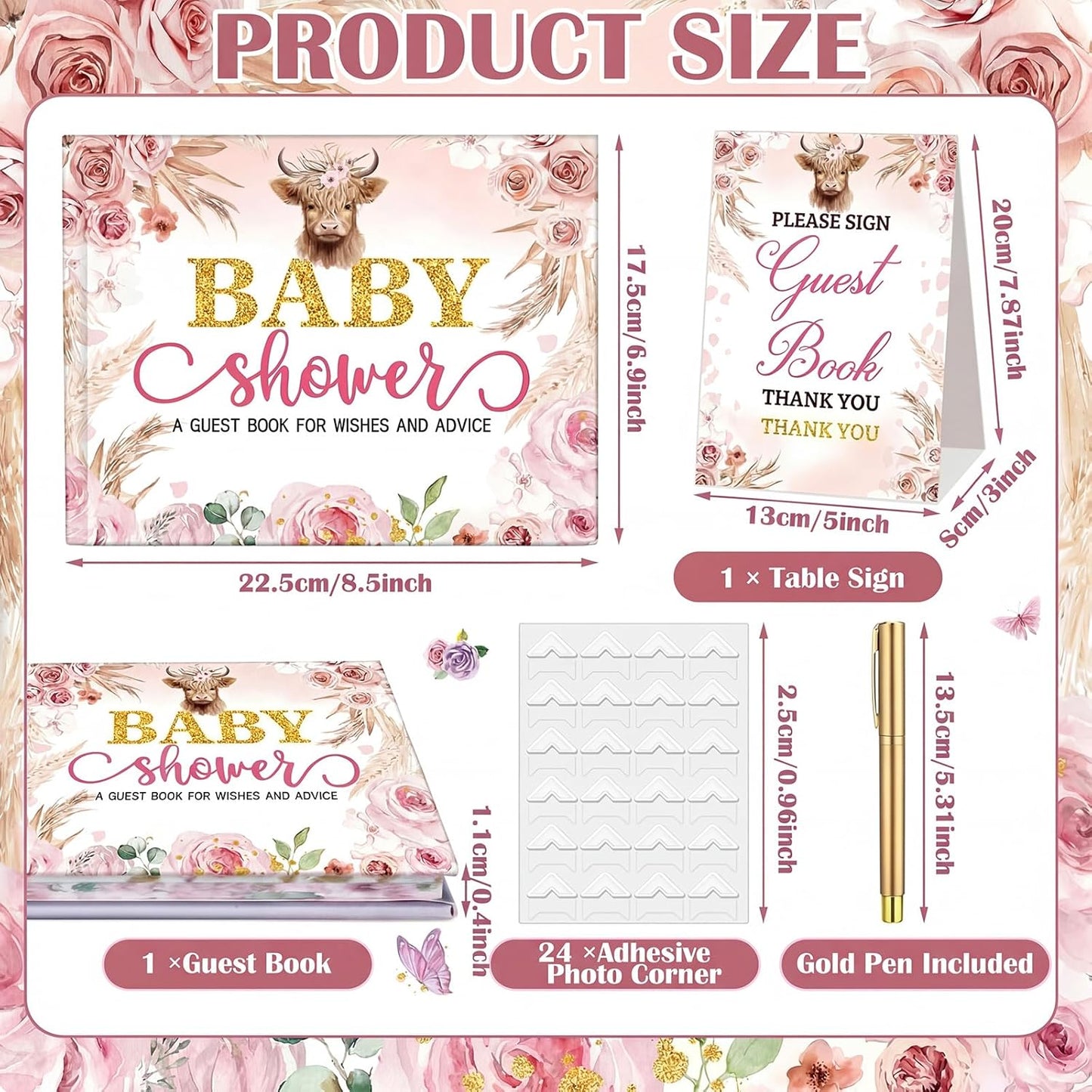 Fuyoooo 27 Pcs Safari Animal Baby Shower Guest Book Set Baby Shower Sign in Guest Floral Book Place Table Cards with Gold Pen Adhesive Photo Corner for Birthday Party