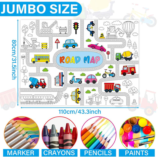 Transportation Coloring Poster for Kids Giant Large Road Coloring Poster Tablecloth Jumbo Coloring Book Crafts Traffic Jam Cars Trucks Birthday Posters for Toddlers Educational Party Decoration Favor