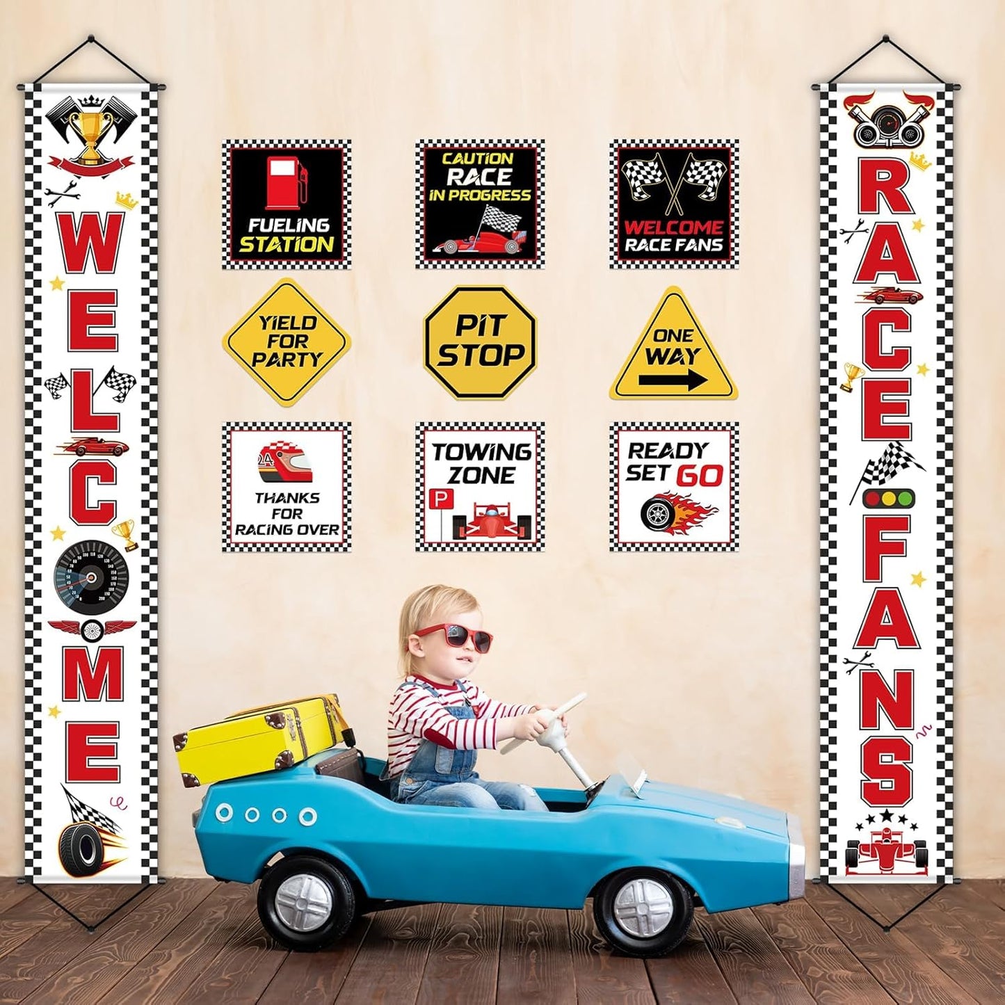 Race Car Birthday Party Banner Checkered Flags 9 Cars Party Signs for Car Birthday Party Decoration Set Racing Fans Welcome Porch Sign for Boys Let's Go Racing Party Supplies for Kids Race Fans