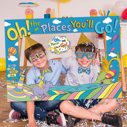 Oh The Places You'll Go Decorations, DIY Large Photo Frame and 30Pcs Selfie Photo Props Kit Dr Seu Birthday Decorations Graduation Photo Booth Props for Kindergarten Graduations Classroom Decor