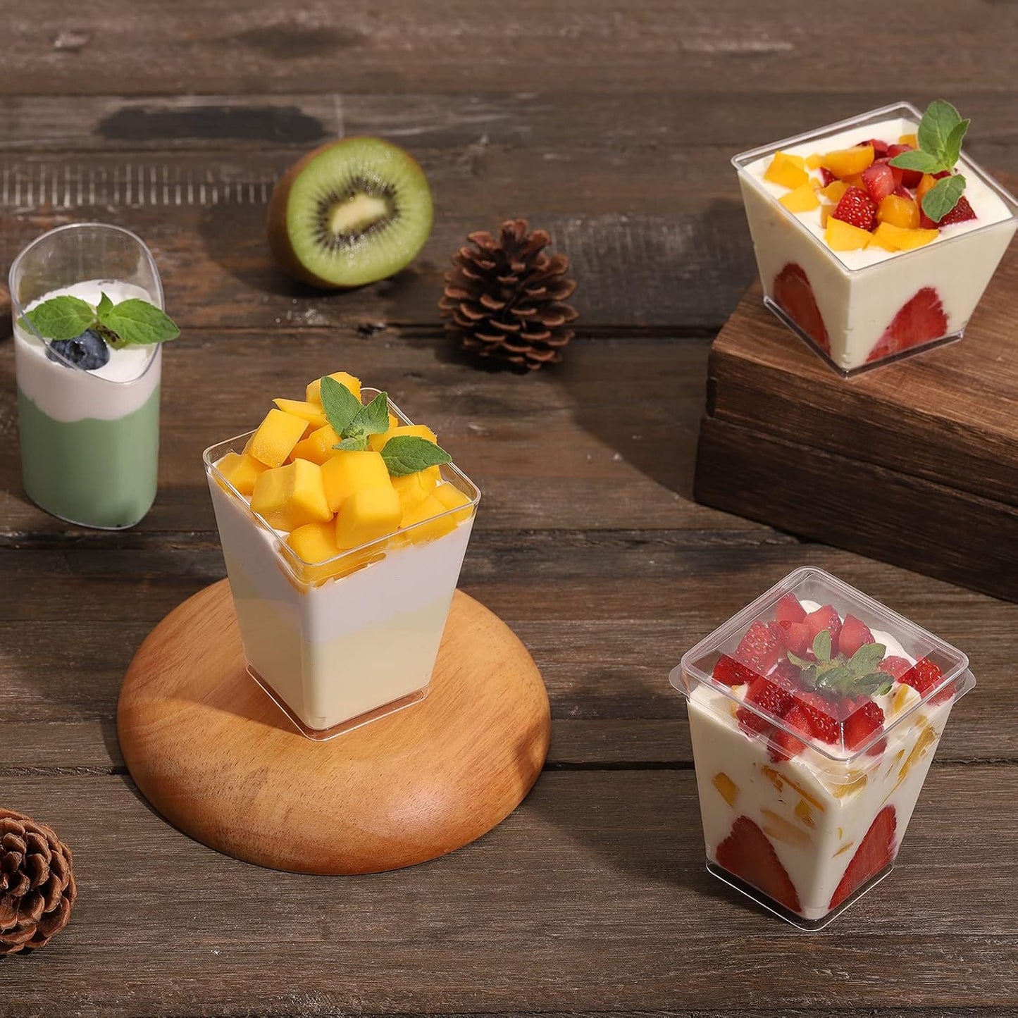 Eupako 100 Pack 5 oz Square Clear Plastic Dessert Cups with Spoons Small Clear Plastic Tumbler Cups Great for Desserts, Appetizers, Puddings, Mousse, Parfait