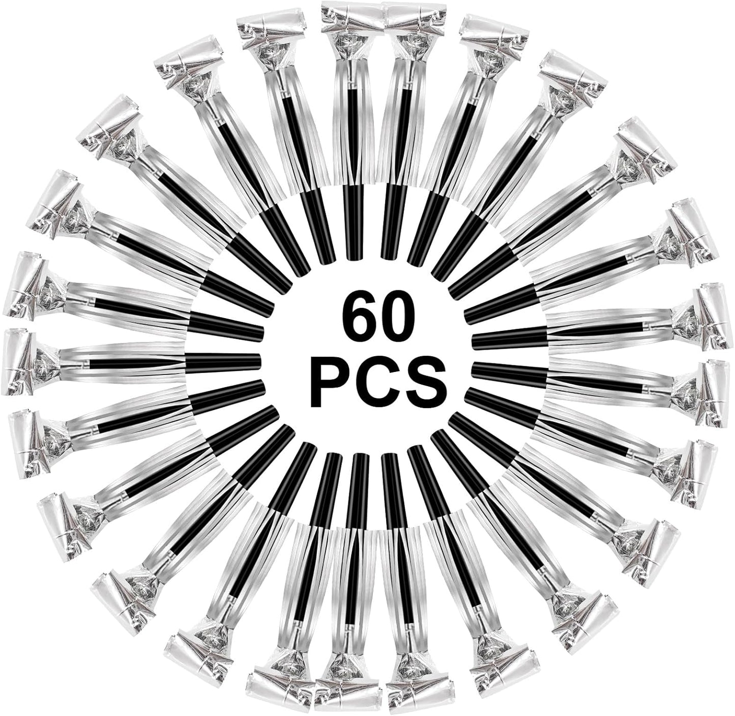 Eorbow 60 Packs Silver Noise Makers, Metallic Fringed Party Blowers, Horns Musical Blowouts Whistles for Birthday Party, Sporting Events, Graduation, Party Favor Supplies Adults