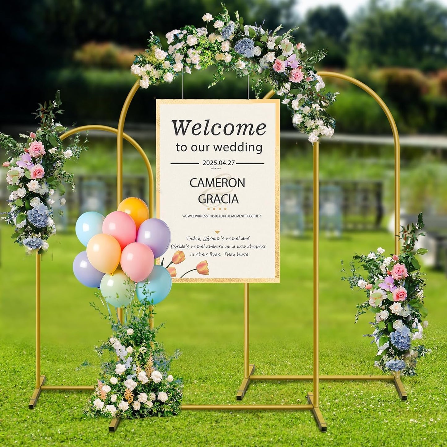 Metal Arch Backdrop Stand, Set of 3 (4ft / 5ft / 6ft) Gold Arch Backdrop with 12 Ground Nails, Stable Arched Background Stand for Wedding, Baby Shower, Birthday Party, Photography