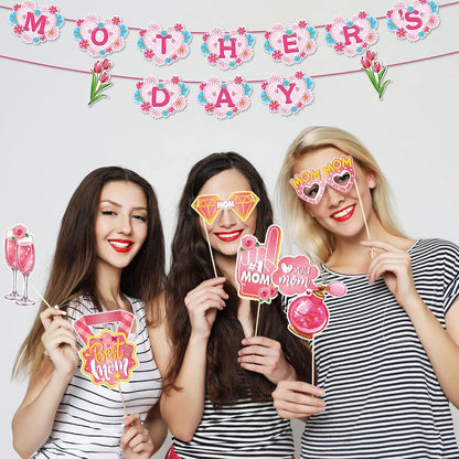 Happy Mother's Day Photo Booth Props and Selfie Frame Set, 30Pcs Best Mom Ever Party Photo Props with 1Pc Selfie Frame for Mother's Day Decoration Mom's Birthday Party Supplies Gifts
