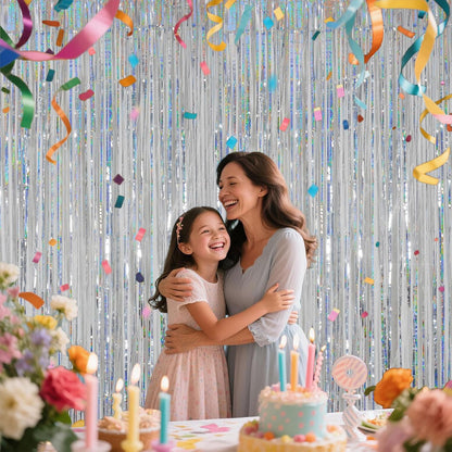 Iridescent Party Decorations Fringe Backdrop, Sparkling Holographic Foil Fringe Tinsel Curtains for Frozen Mermaid Birthday Party Decor - 3.28x6.56ft 2 Packs