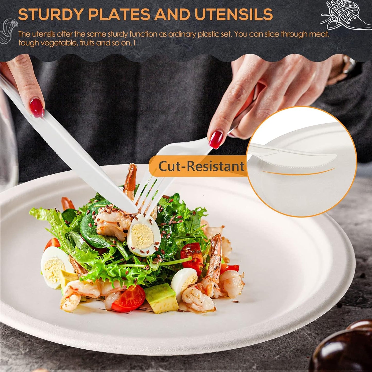 Gezond 250Pcs Disposable Paper Plates Set, Compostable Plate Sugarcane Utensils Eco Friendly Dinnerware Kit Includes 50 Biodegradable Plates, Forks, Knives and Spoons for Brithday Party Camping