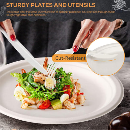 Gezond 250Pcs Disposable Paper Plates Set, Compostable Plate Sugarcane Utensils Eco Friendly Dinnerware Kit Includes 50 Biodegradable Plates, Forks, Knives and Spoons for Brithday Party Camping