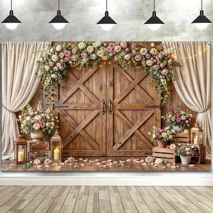 10x8ft Country Wedding Photography Backdrop Rustic Barn Door Photography Backdrop Farmhouse Pink Flower Cabin Wooden Birthday Baby Shower Wedding Bridal Party Banner Photo Booth Props Background