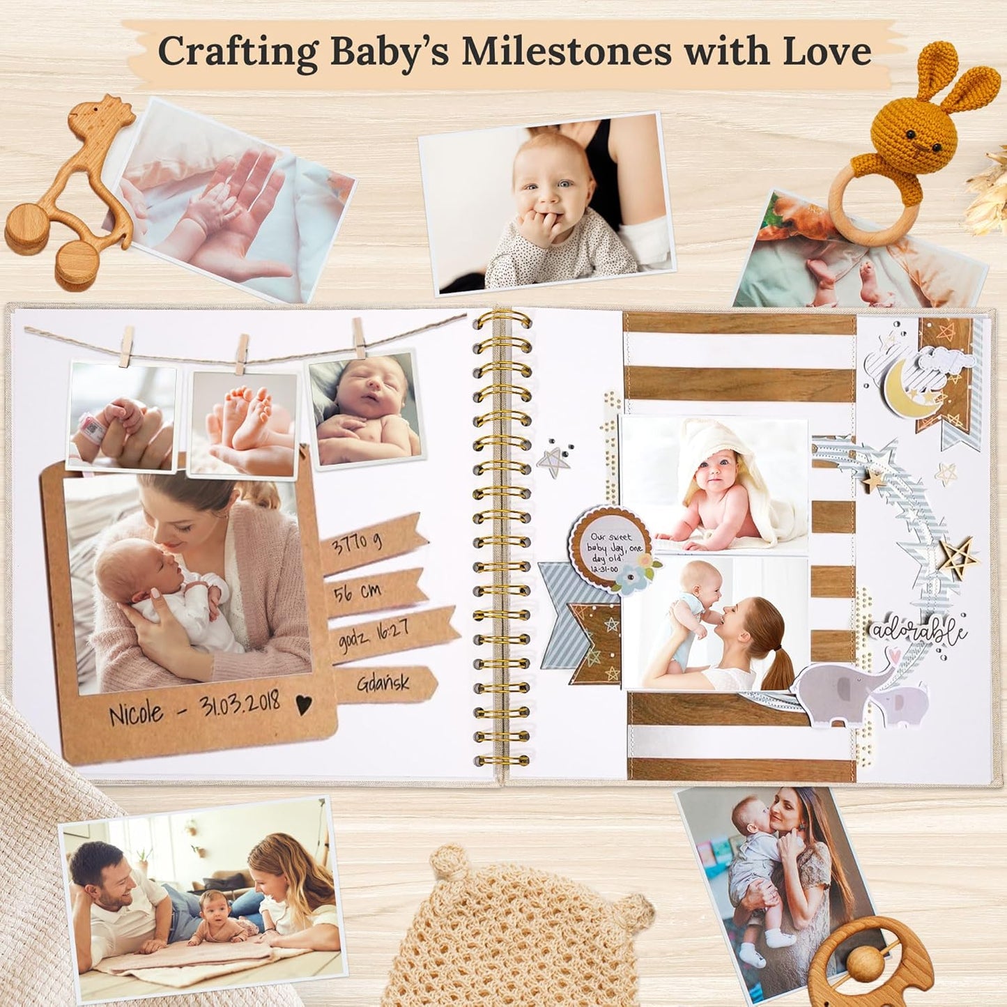 8 x 8 Inch Scrapbook Photo Album Linen Cover 20 Sheets/ 40 Pages, Hardcover Kraft White Pages Memory Book, for Travel Wedding Guest Book Christmas Baby Shower Fits 4x6 & Instant Photos, Beige