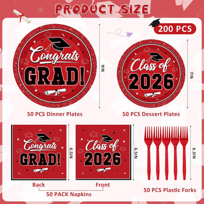 200Pcs Graduation Decorations 2026, Blue Graduation Plates and Napkins Party Supplies for 50 Guests, Disposable Grad Plates, Napkins, Dessert Plates and Forks for Grad Decor Wedding Birthday Supplies