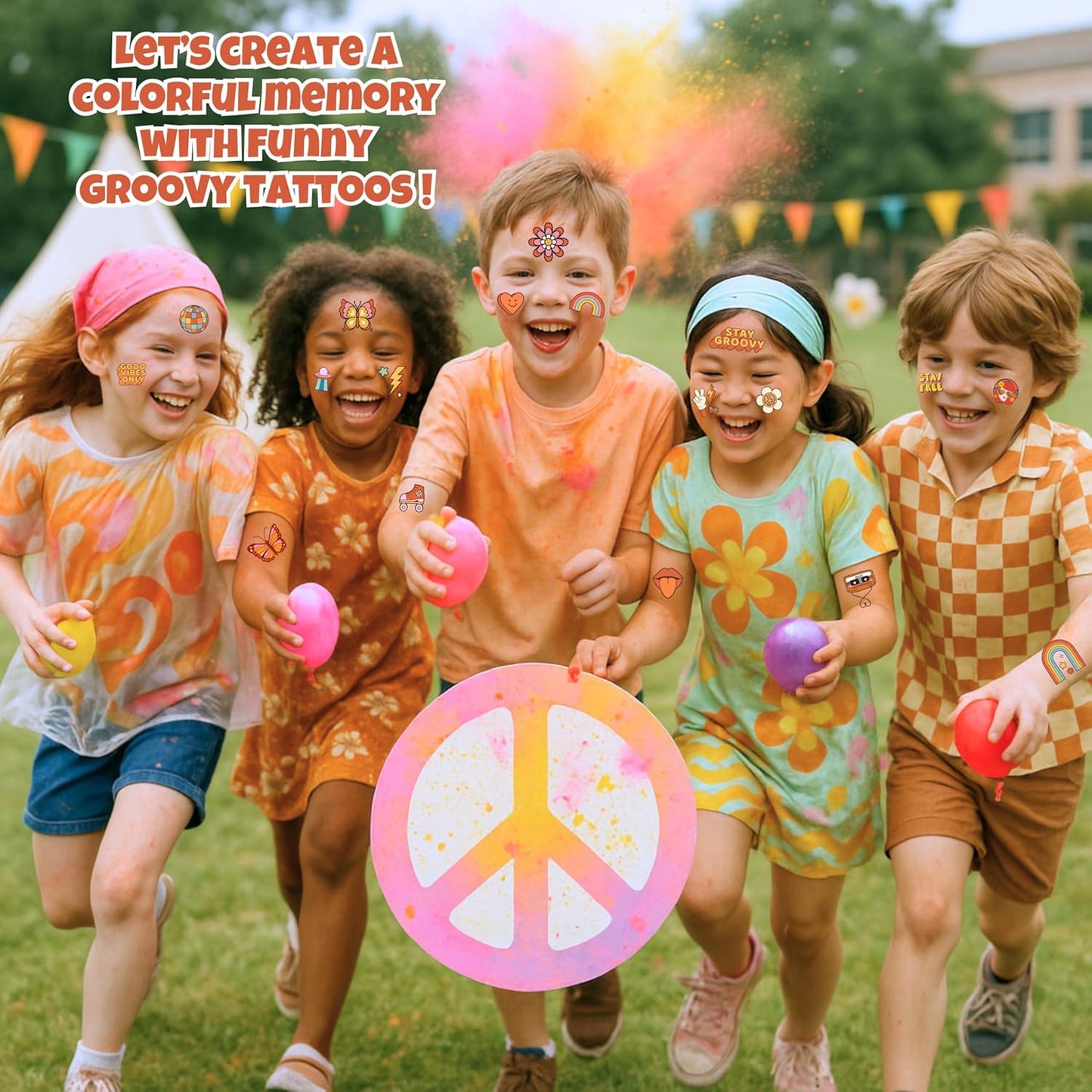 60PCS Groovy Temporary Tattoos for Kids | Pre-Cut Cute Retro Hippie Fake Tattoos, Birthday Party Favors, Classroom Rewards, Party Supplies for Boys & Girls