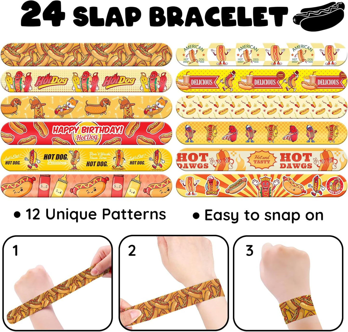 96 PCS Hot Dog Party Favors Set – 72 Pre-Cut Temporary Tattoos & 24 Slap Bracelets for Kids, Perfect for Food-Themed Birthday Parties, BBQ Celebrations & Classroom Rewards