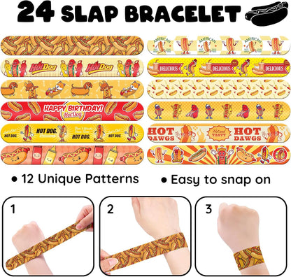 96 PCS Hot Dog Party Favors Set – 72 Pre-Cut Temporary Tattoos & 24 Slap Bracelets for Kids, Perfect for Food-Themed Birthday Parties, BBQ Celebrations & Classroom Rewards
