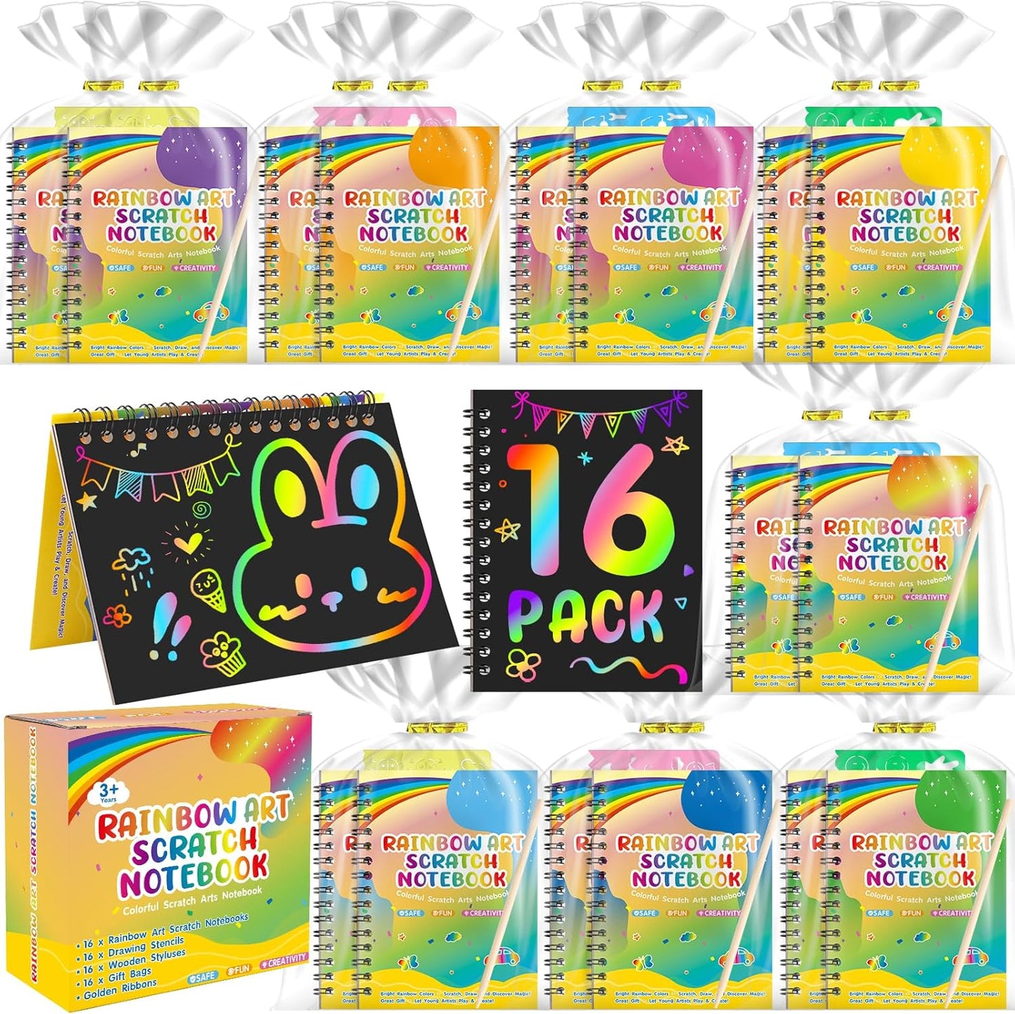 YSCare 24 Pack Scratch Arts and Crafts Notebooks, Rainbow Art Scratch Note, Goodie Bags Stuffers Essentials Gifts for Birthday Party Favors Classroom Prizes