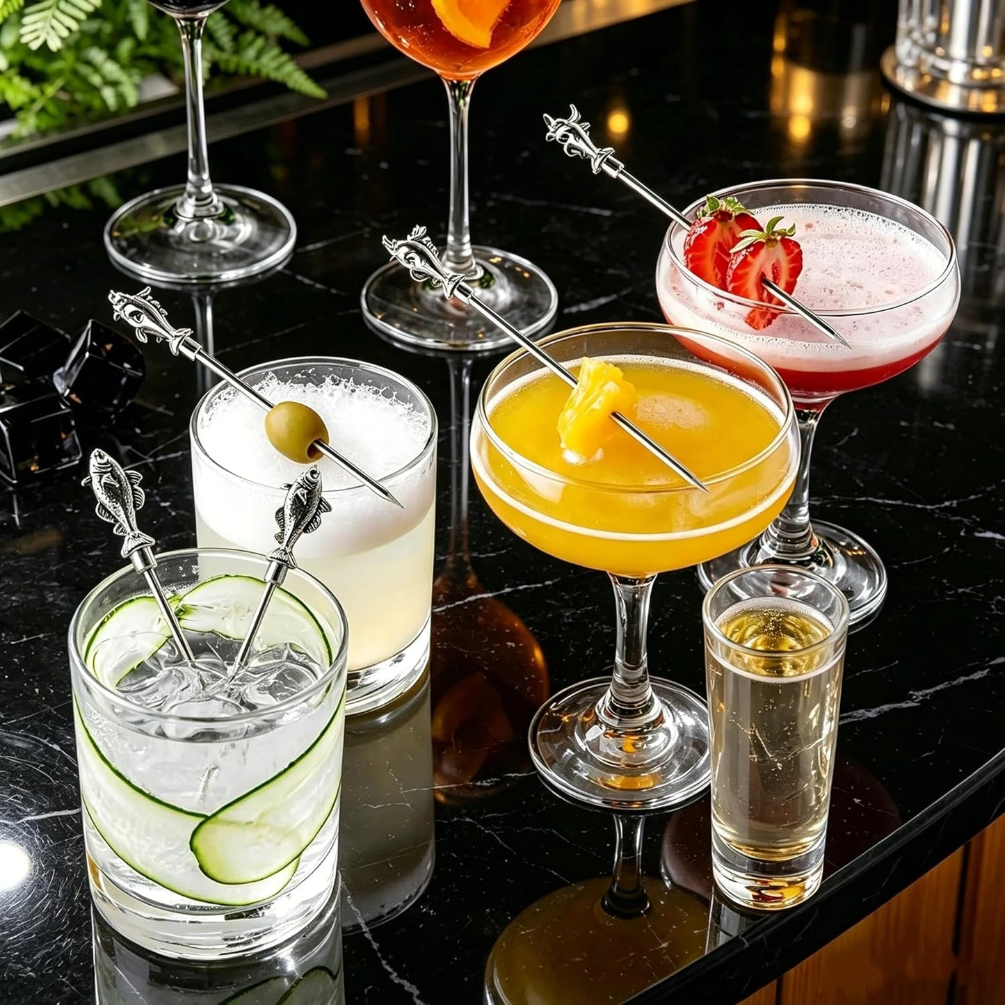 Homestia Stainless Steel Cocktail Picks, 4.7 Inch Reusable Martini Olive Picks, Metal Garnish Skewers for Drinks, Appetizers, Bloody Mary - Set of 6 Metal Cocktail Picks for Party Bar