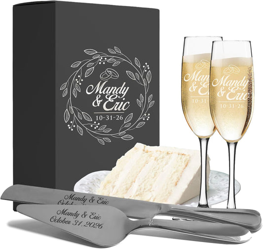 My Personal Memories Personalized Engraved Cake Server Gift Set with Matching Custom Champagne Toasting Flutes