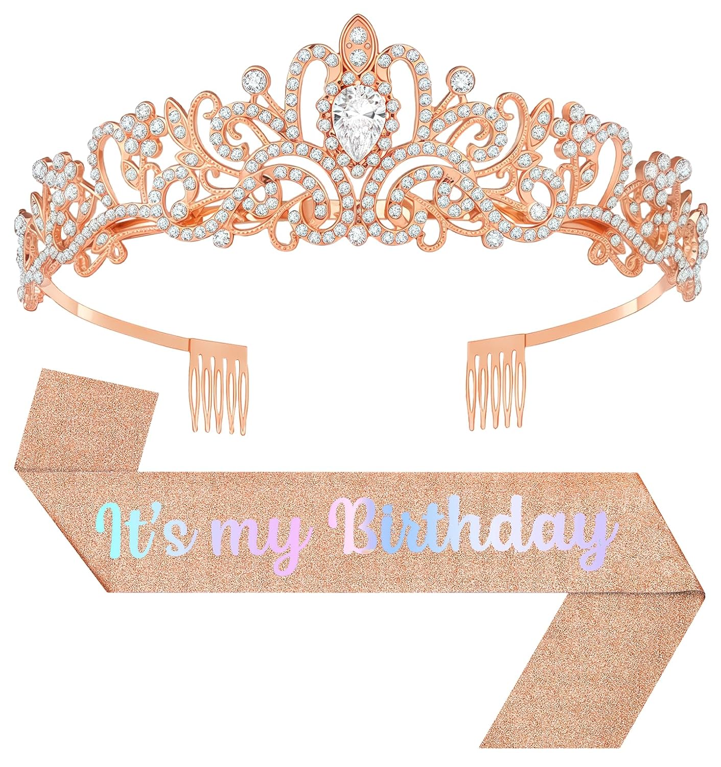 Birthday Tiara and Crown with Sash, Birthday Tiara for Women Party Silver