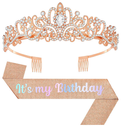 Birthday Tiara and Crown with Sash, Birthday Tiara for Women Party Silver