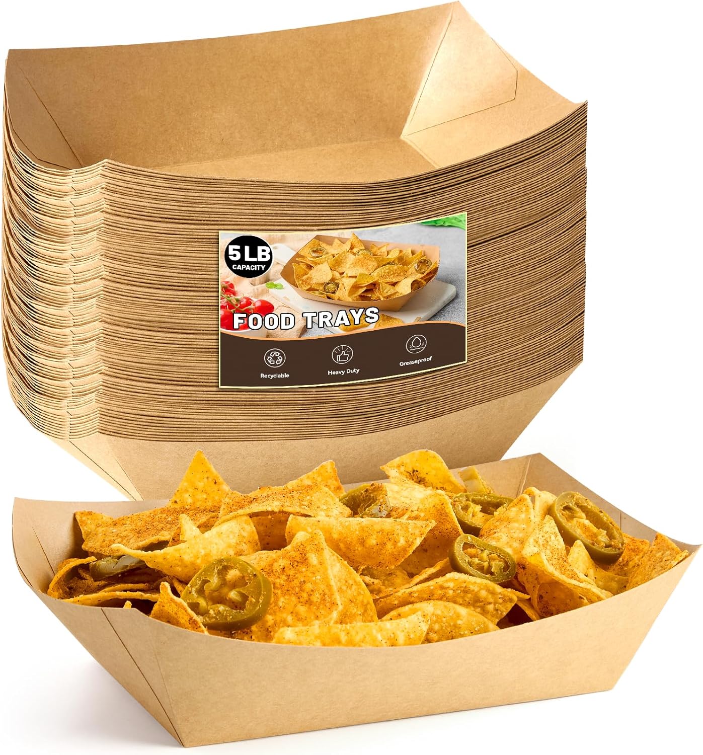 ZORRITA 3 Lb Paper Food Trays - 50 Pack Disposable Nacho Trays, Kraft Paper Food Boats Taco Holders Party Serving Baskets for Hot Dogs Snacks Tacos Fries