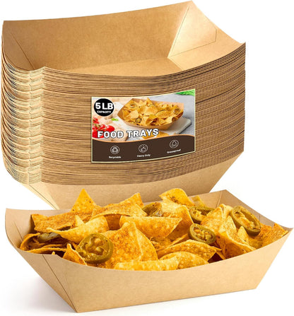 ZORRITA 3 Lb Paper Food Trays - 50 Pack Disposable Nacho Trays, Kraft Paper Food Boats Taco Holders Party Serving Baskets for Hot Dogs Snacks Tacos Fries