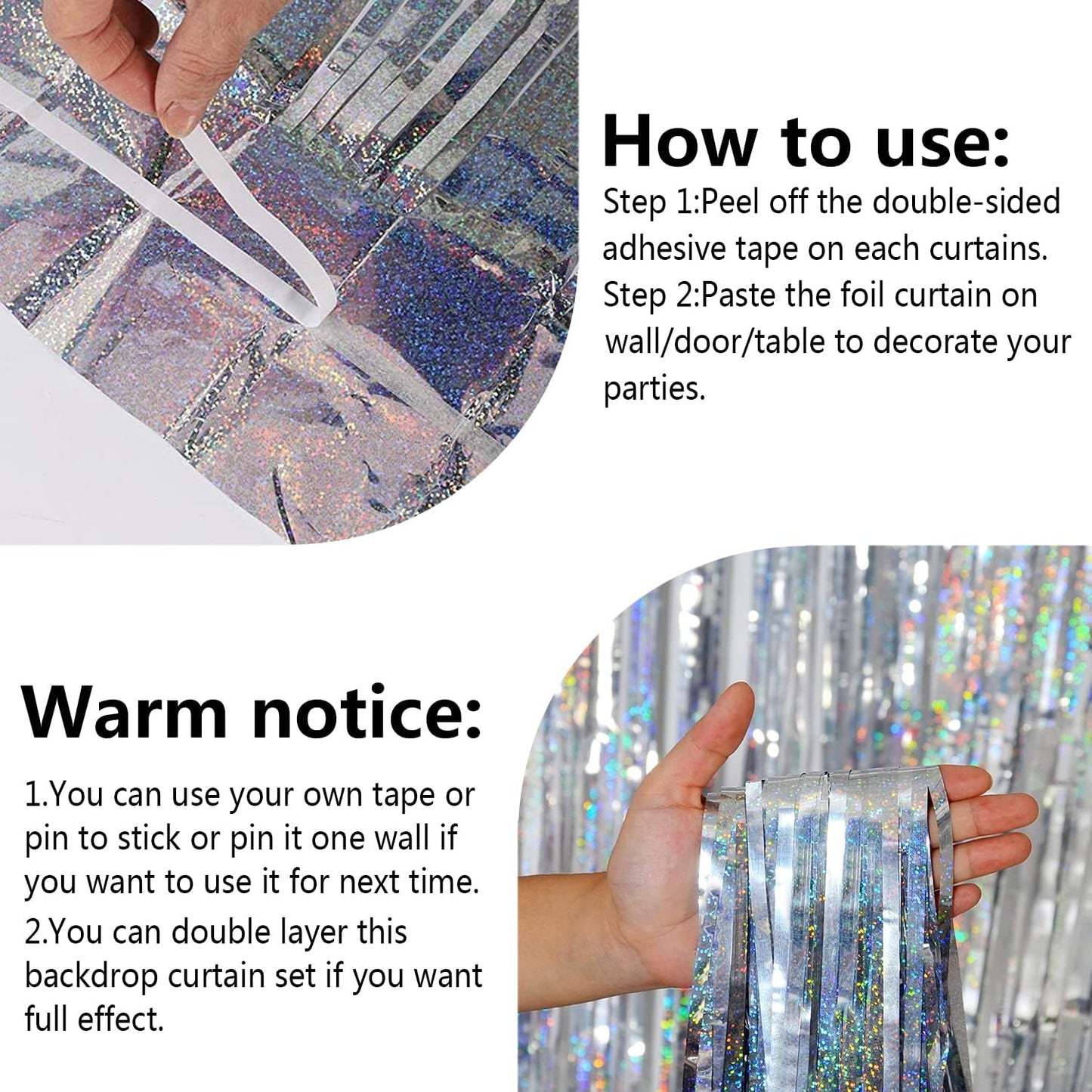 FECEDY 2pcs 3ft x 8.3ft Shiny Corlorful Metallic Tinsel Foil Fringe Curtains Photo Booth Props for Engagement Bridal Shower Bachelorette Baby Shower Bachelorette Holiday Celebration Party Decorations
