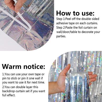 FECEDY 2pcs 3ft x 8.3ft Shiny Corlorful Metallic Tinsel Foil Fringe Curtains Photo Booth Props for Engagement Bridal Shower Bachelorette Baby Shower Bachelorette Holiday Celebration Party Decorations