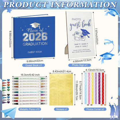 Pajean Graduation Guest Book Set Class of 2026 Memory Scrapbook with Photo Guest Book Sign Dual Tip Pens Photo Corner Stickers Grad Cap Stickers for Grad Party Decorations Supplies Gifts (Black)