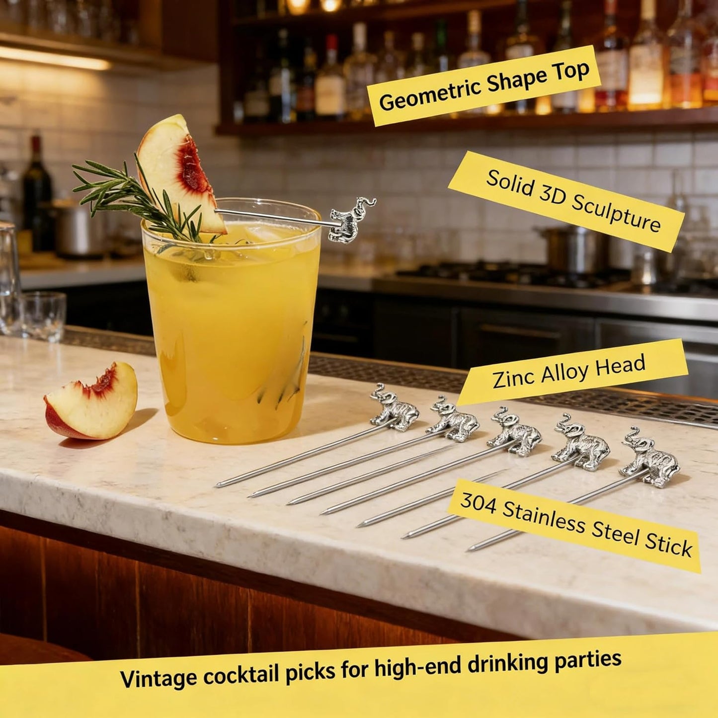 Homestia Stainless Steel Cocktail Picks, 4.7 Inch Reusable Martini Olive Picks, Metal Garnish Skewers for Drinks, Appetizers, Bloody Mary - Set of 6 Metal Cocktail Picks for Party Bar