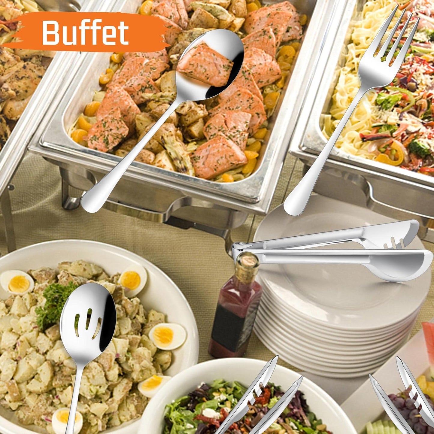 Large Black Serving Utensils Set of 12, E-far Stainless Steel 9.8 Inch Serving Spoons Slotted Spoon, 9.9 Inch Forks, 9.4 Inch Tong for Buffet Catering, Mirror Finish & Dishwasher Safe
