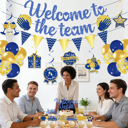 Gold Glitter Welcome To The Team Banner and Hanging Swirls, Welcome Banner, Welcome Sign, Welcome Decorations for New Employee Coworker Teacher Colleague Staff Team Member Office Party