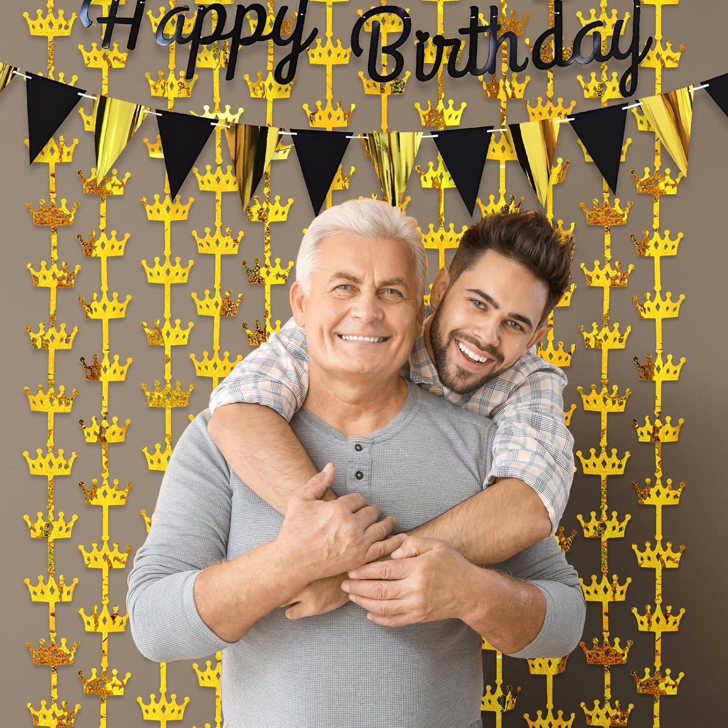 MENSTARSI King Crowns Party Decorations 2 Pack Gold Crown Photo Backdrop, 3.3x6.6ft Golden Foil Fringe Curtains Photo Booth Props for Men 1st 40th 50th Birthday Wedding Graduation Anniversary Decors