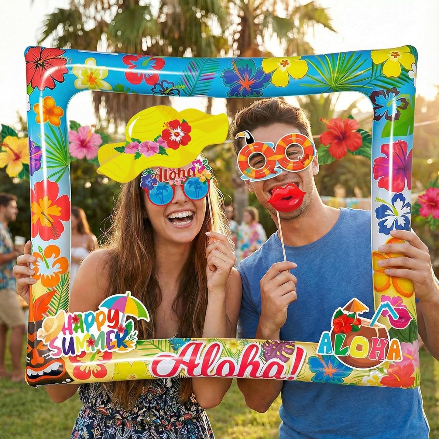 Hawaiian Photo Booth Props & Inflatable Frame, 30Pcs Luau Photobooth Props with Large Inflatable Inflatable Selfie Picture Frame for Summer Tropical Aloha Luau Party Selfie Supplies