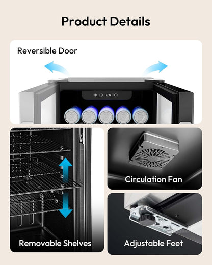 EUHOMY 4.5 Cu.ft Beverage Refrigerator and Cooler, 145 Can Mini fridge with Glass Door for Soda Beer Wine, Small Drink Dispenser with Digital Adjustable Thermostat for Home Office Bar