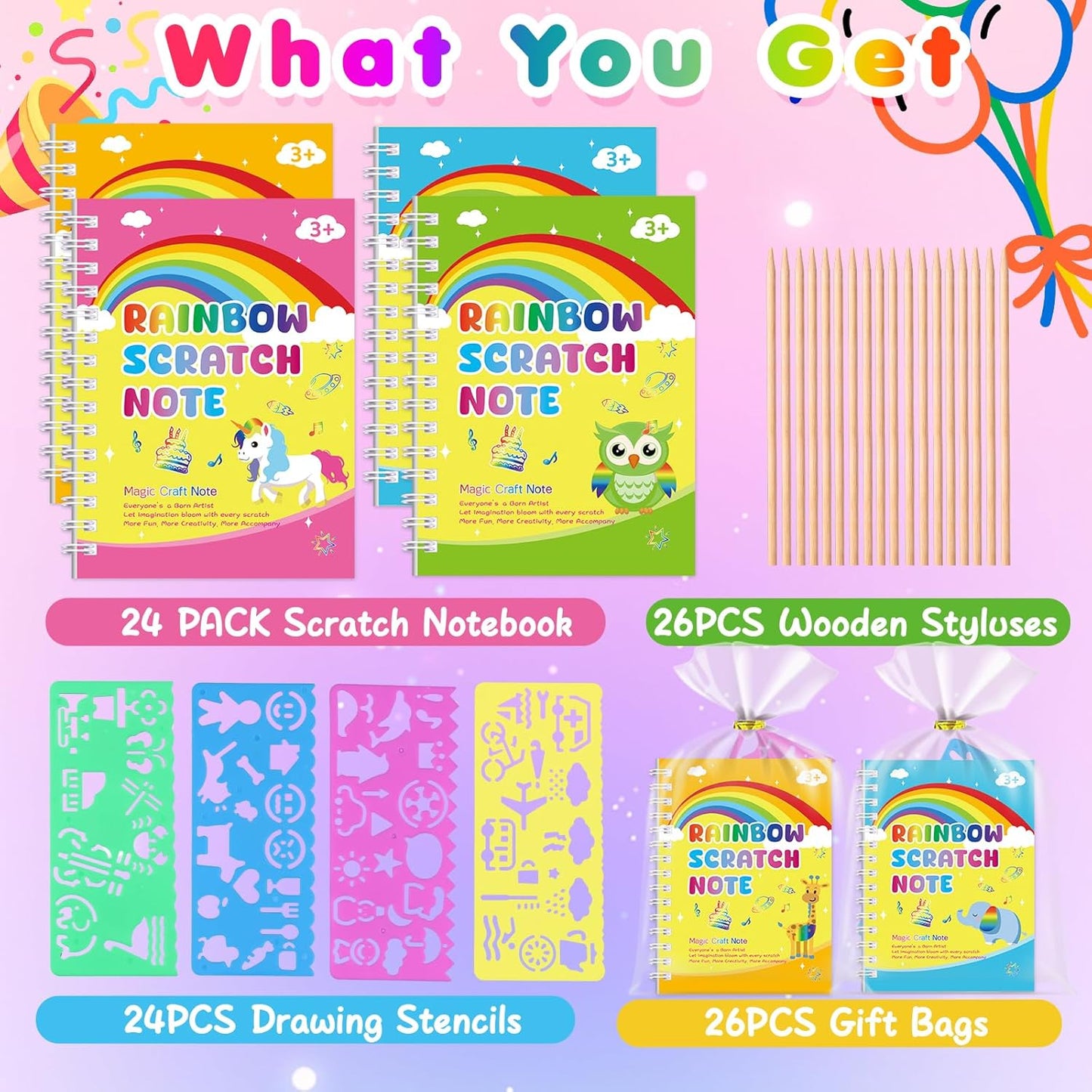 Elover Party Favors for Kids 4-8-12: 24 Pack Scratch Rainbow Art Crafts Notebook, Coloring Book Goodie Bags Stuffers Kit, Bulk Birthday Gift Classroom Prizes Girl Boy Toddler
