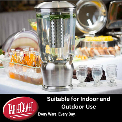 TableCraft 75 Upscale 2.5 Gallon Drink Dispenser with Fruit Infuser & Stand, Tritan & Brushed Stainless Steel, Cold Beverage Dispenser for Catering and Home Use