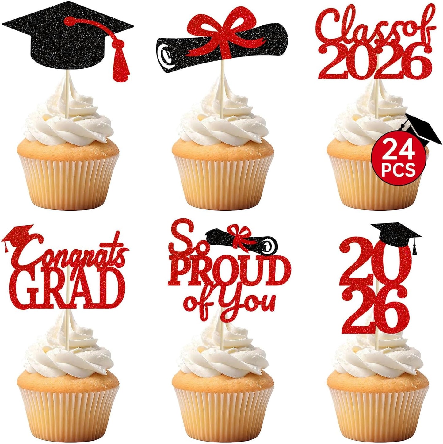 24 Pcs Graduation Cupcake Toppers 2026 - Congrats Grad Decorations Class of 2026, Pre-Assembled Black Gold Grad Cake Topper Centerpieces for Graduation Party Decoration Supplies Table Decor, 6 Styles