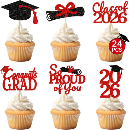24 Pcs Graduation Cupcake Toppers 2026 - Congrats Grad Decorations Class of 2026, Pre-Assembled Black Gold Grad Cake Topper Centerpieces for Graduation Party Decoration Supplies Table Decor, 6 Styles