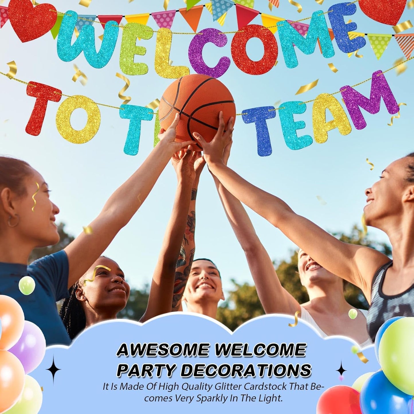 Fulmoon Pre Strung Welcome to The Team Banner with Two Heart Signs, NO DIY, Glitter Welcome Party Supplies for New Employee, Coworker, Colleague, Staff, Team Member Office Decorations(Champagne Gold)