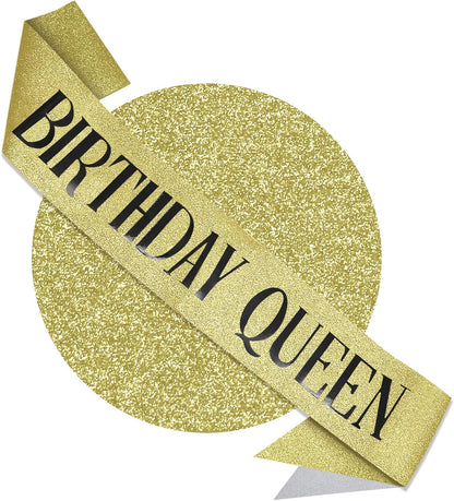 RUDONG M Birthday Queen Sash Glitter - Gold Birthday Sash for Women & Girls | Sweet 16/18th/21st/30th/40th/50th/60th/70th, All-Age Celebration Party Decor