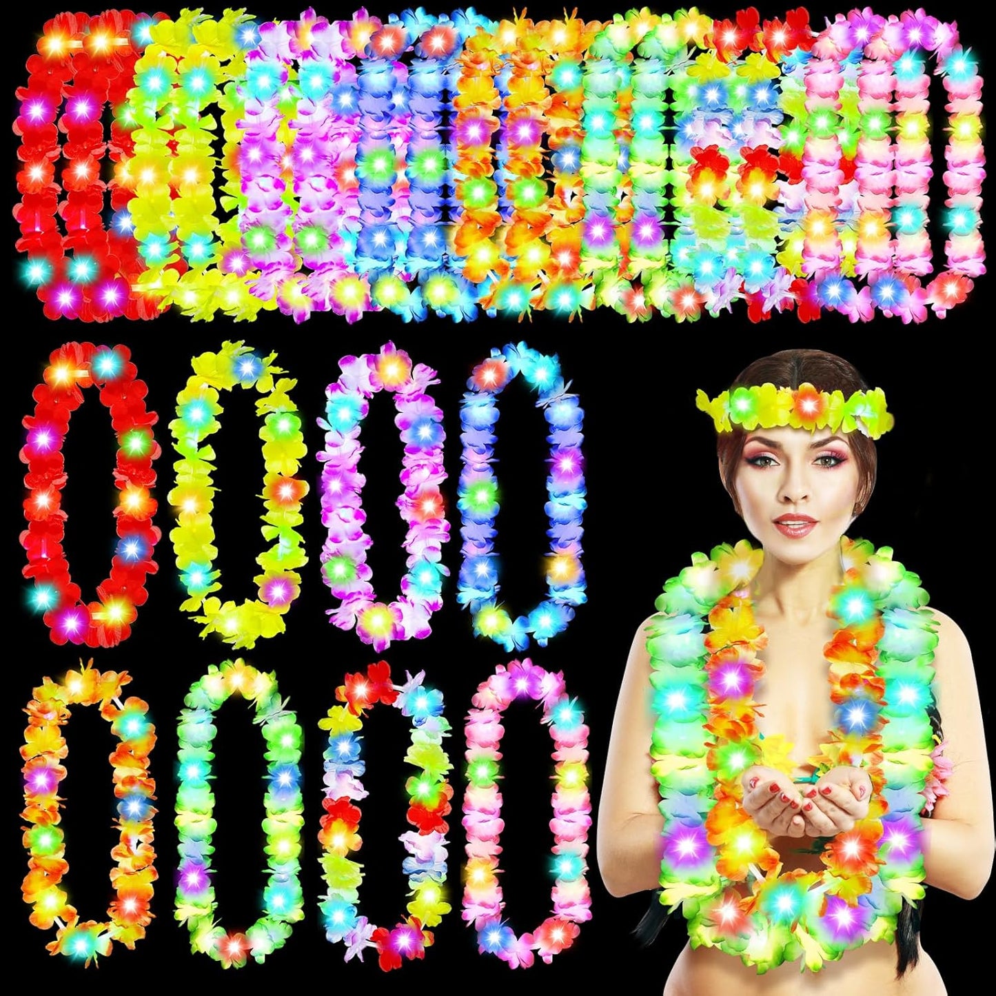 Giegxin 12 Pcs LED Hawaiian Lei Light up Flower Lei Tropical Glow Necklaces Lighted Lei Artificial Rainbow Lei for Kid Adult Hawaii Luau Themed Party Carnival Beach Wedding Masquerade (Multicolor)