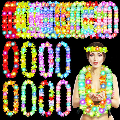 Giegxin 12 Pcs LED Hawaiian Lei Light up Flower Lei Tropical Glow Necklaces Lighted Lei Artificial Rainbow Lei for Kid Adult Hawaii Luau Themed Party Carnival Beach Wedding Masquerade (Multicolor)