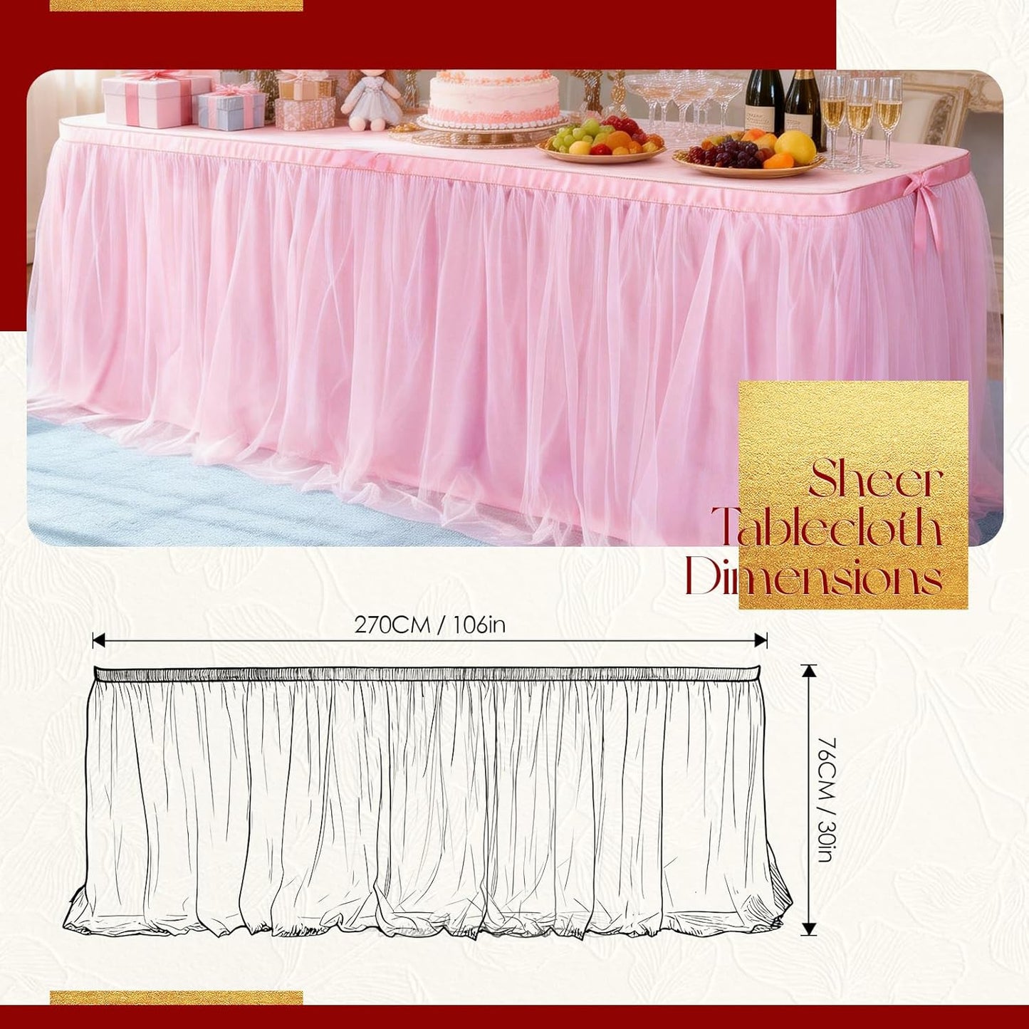 THARAHT Tulle Table Skirt 6FT 180CM Long for Rectangle Tables Round Tables Ruffle Desk Skirt for Princess Girls Birthday Party Cake Dessert Decorations Table Skirt