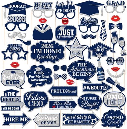 46Pcs Blue Gold Graduation Photo Booth Props 2026 Graduation Decorations with Sticks Class of 2026 Grad Party Favors Supplies for High School & College