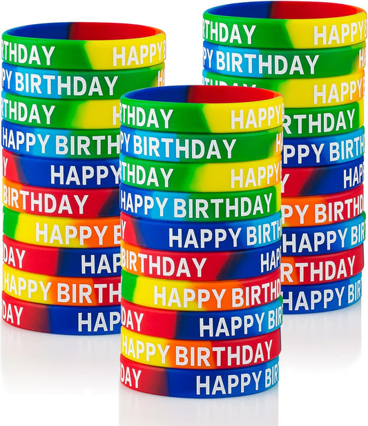 Happy Birthday Rubber Bracelets Colored Silicone Stretch Wristbands for Birthday Party Supplies Favors 30 Pack rubber bracelets for kids&teens Party Favor Sets