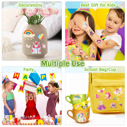 252+ PCS Glow Unicorn Princess Temporary Tattoo for Kids, 36 Sheets Rainbow Castle Candy Star Prince Fake Tattoos Sticker for Girls Boys, Luminous Birthday Magic Fairy Theme Party Favors Decoration