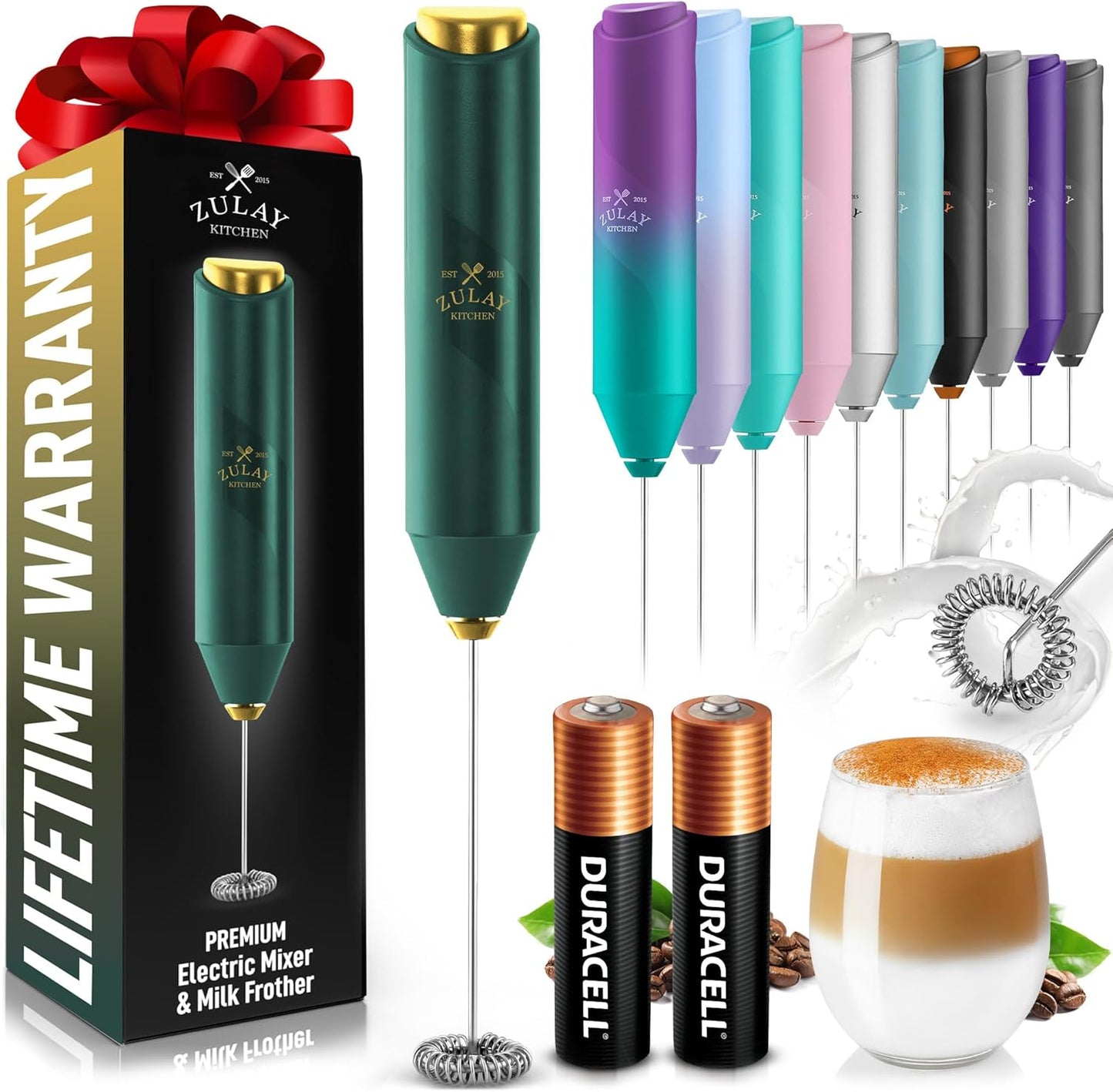Zulay Kitchen Powerful Milk Frother AA Batteries Included – Ultra Fast Handheld Drink Mixer with Stainless Steel Whisk Stirrer for Coffee, Protein, Matcha & More, Frother Wand Electric Frothmate Black - Colors E