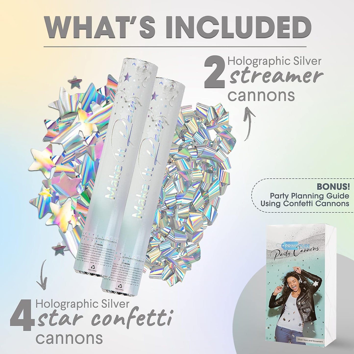 PrimePure Confetti Cannon Party Poppers - Holographic Silver Stars Confetti Popper - 2 Pack - Party Cannon Silver Glitter Star Pop Gun for Birthday, Wedding, Graduation, Celebration, Pranks