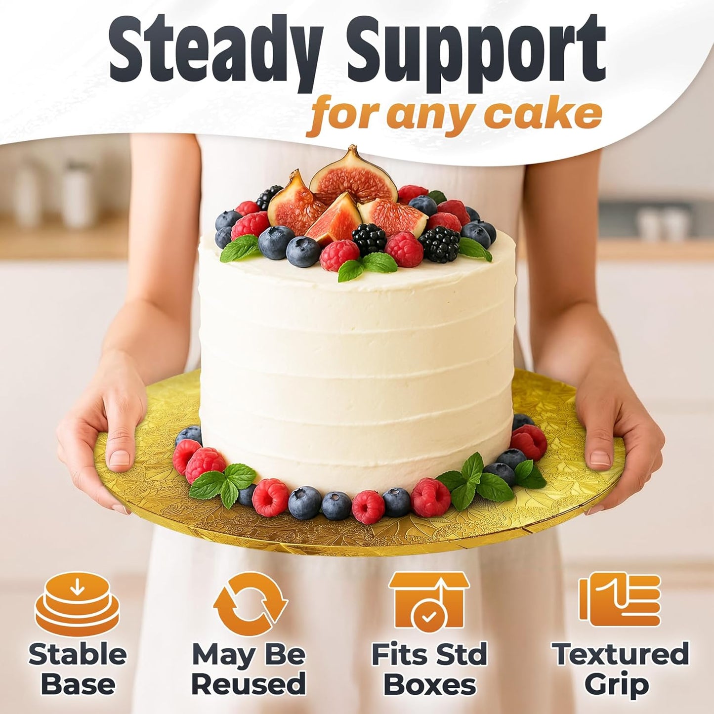 12 Inch Cake Drum, Black Cake Board for Picture-Ready Celebration Cakes, 1/2 Inch Thick Round Cardboard Base with Grease & Moisture Resistant Surface and Decorative Pattern for Parties and Weddings