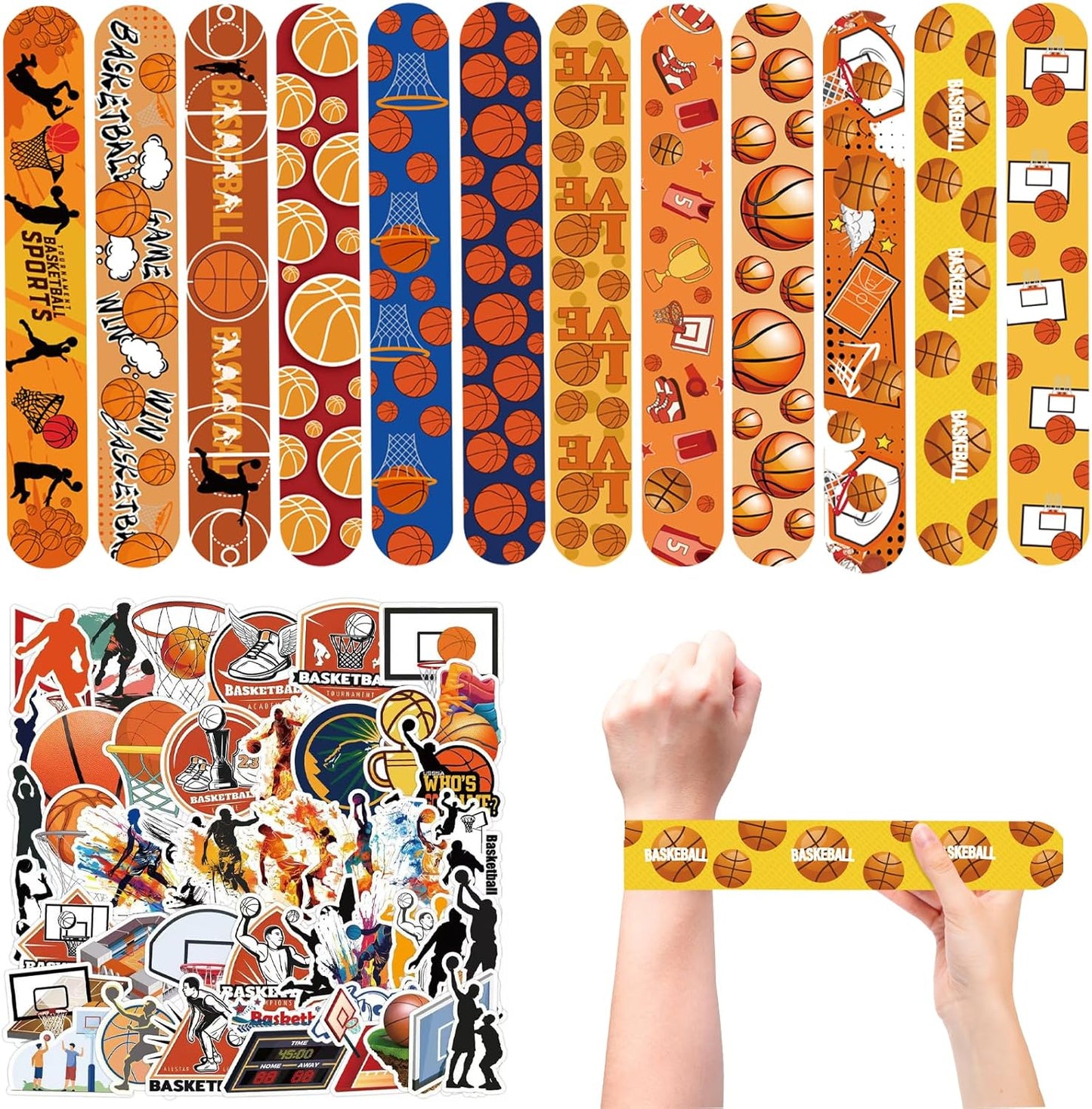 CZWXOXO Basketball Theme Party Favors 24 Pcs Ball Theme Slap Bracelets 50 Pcs Sport Theme Stickers，Party Team Gift Fillers School Classroom games Rewards Supplies