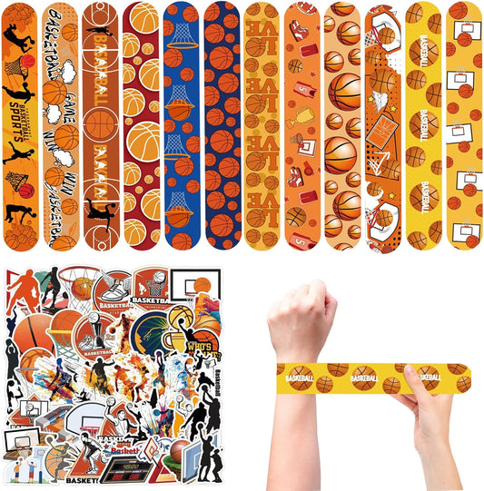 CZWXOXO Basketball Theme Party Favors 24 Pcs Ball Theme Slap Bracelets 50 Pcs Sport Theme Stickers，Party Team Gift Fillers School Classroom games Rewards Supplies